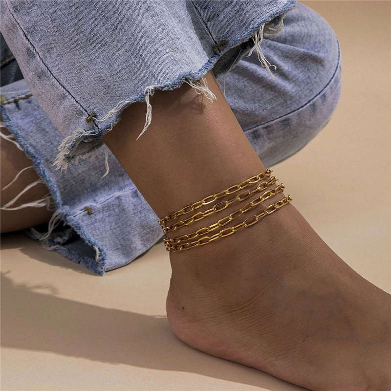 European and American Gold and Silver Punk Hip Hop Ins Cuba Hollow Chain Retro Multi-Layer Set of Fashion Jewellery Bracelets Anklet for Women