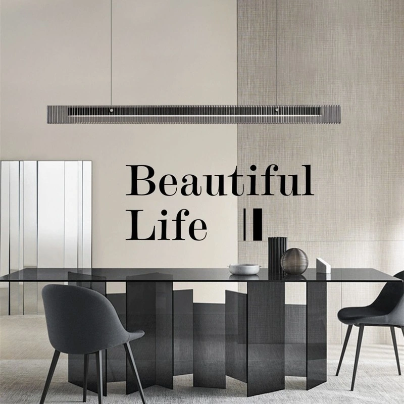 2023 Minimalist Stainless Steel and Glass Straight Strip LED Lamp Simple Luxury Glass Long Pendant Chandelier Light