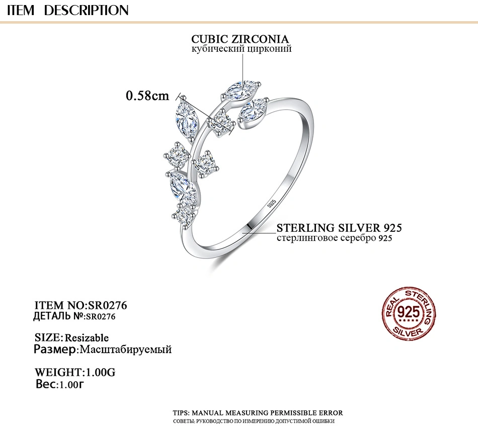 Leaf Zircon 925 Silver Jewelry Engagement Rings for Women