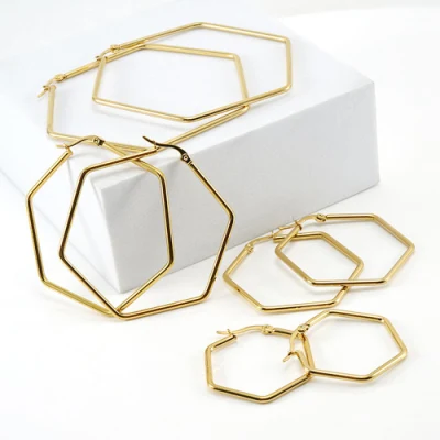 Brincos de argola hexagonais grandes de aço inoxidável banhados a ouro 18K para mulheres com joias da moda da série Geometry