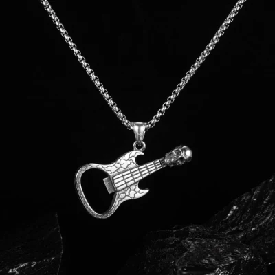 Jóias Hip Hop Personalidade Retro Caveira Guitarra Saca Rolhas Colar de Aço Inoxidável de Titânio Masculino Pingentes para Homens