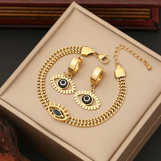 Conjunto de brincos de colar de pulseira de aço inoxidável folheado a ouro com olhos de demônio