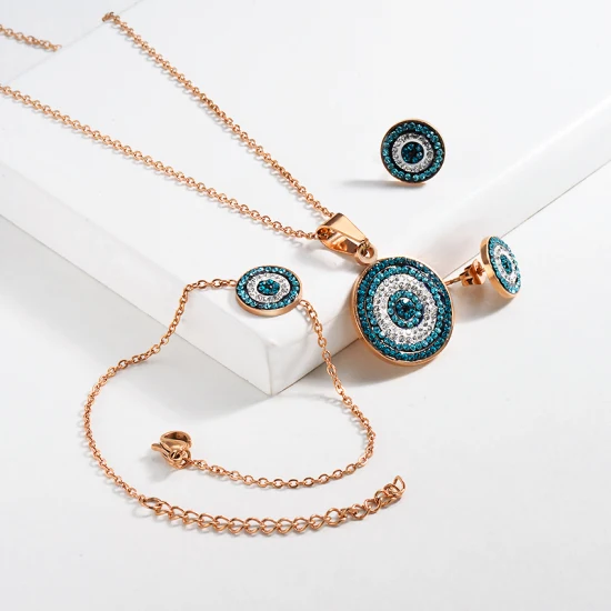 Conjuntos de joias olho mau com strass azul colar de ouro colar de aço inoxidável joias da moda